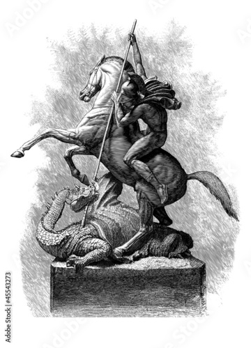 St. George and the Dragon, vintage engraved illustration