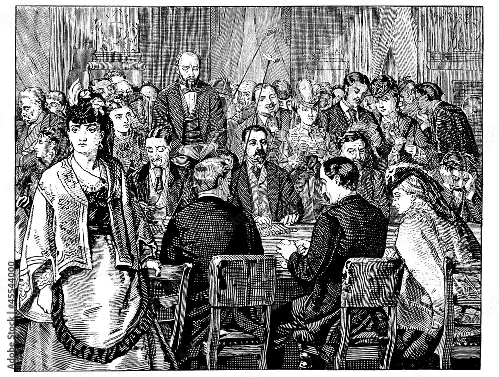 Group in the Salon D'or, Gambling vintage engraved illustration