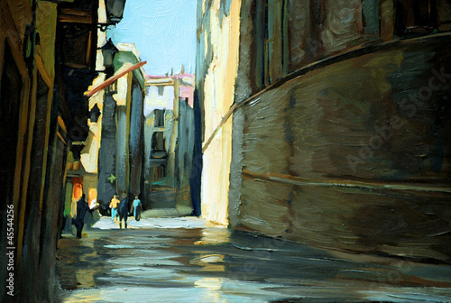 rain in gothic quarter of barcelona. painting by oil on a canvas #45544256
