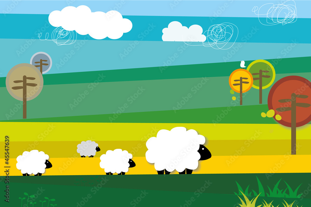 Four sheep traverse the field