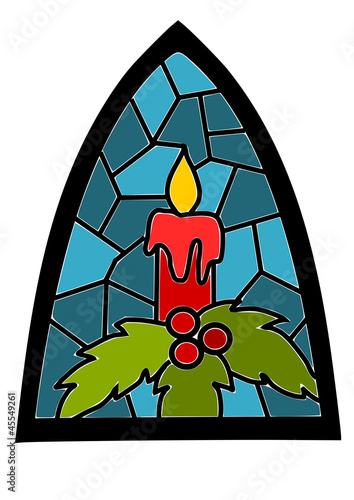 Candle on blue stained-glass window for christmas time.