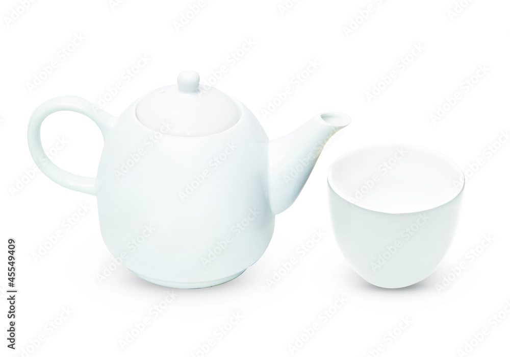 Porcelain pitcher with cup and plate isolated on white