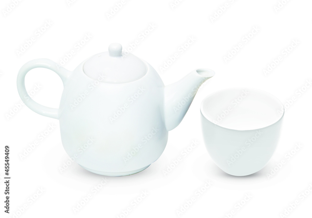 Porcelain pitcher with cup and plate isolated on white Porcelain pitcher with cup and plate isolated on white