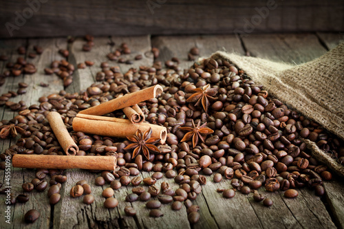 Coffee beans cinnamon and anise vintage still life