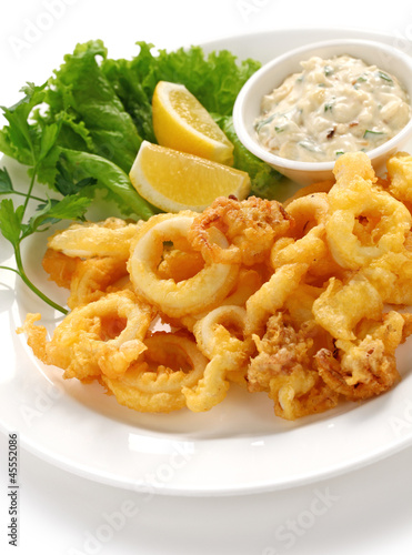 fried calamari, fried squid with tartar sauce