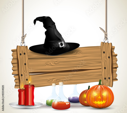 Halloween background with wooden sign