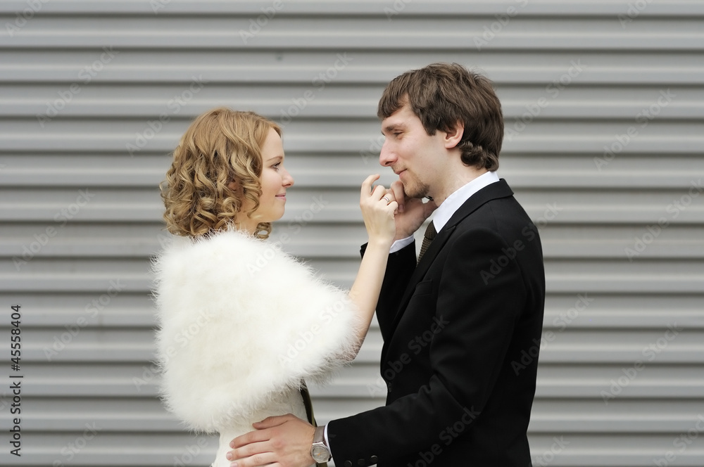 Happy bride and groom outdoors Happy bride and groom outdoors