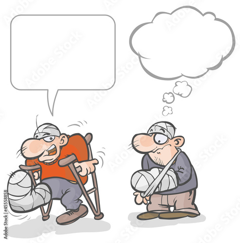 Two Cartoon men with limbs in plaster.