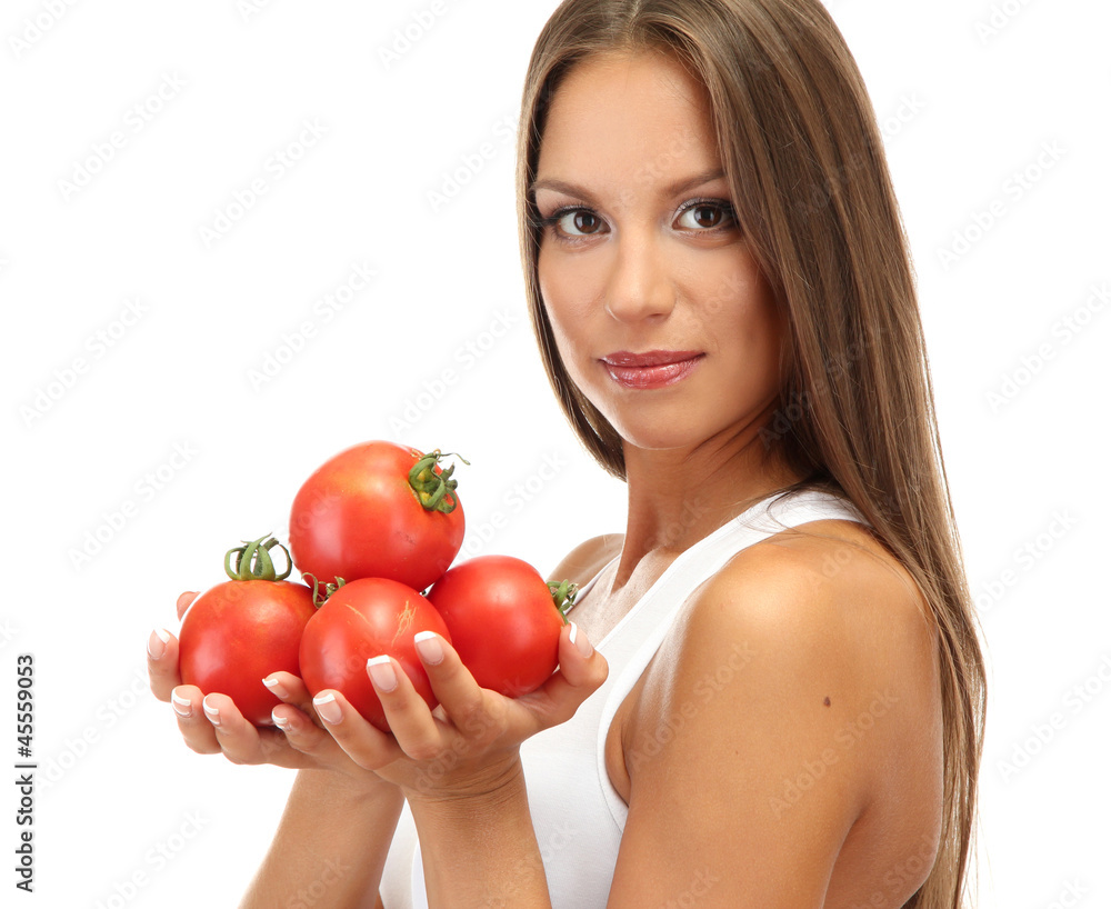 beautiful young woman with tomatoes, isolated on white beautiful young woman with tomatoes, isolated on white
