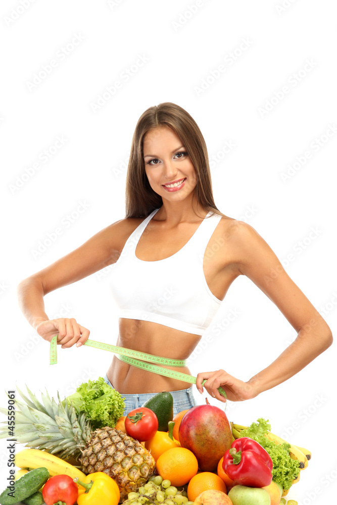 beautiful young woman with fruits and vegetables, isolated beautiful young woman with fruits and vegetables, isolated