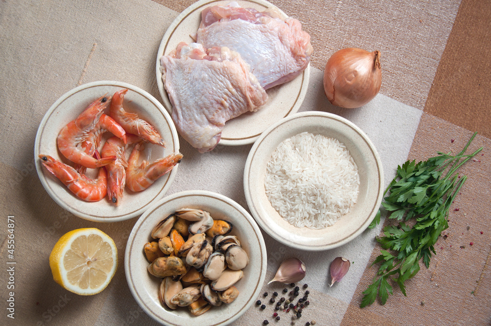 Ingredients for Paella ready meal with shrimp, chicken Ingredients for Paella ready meal with shrimp, chicken