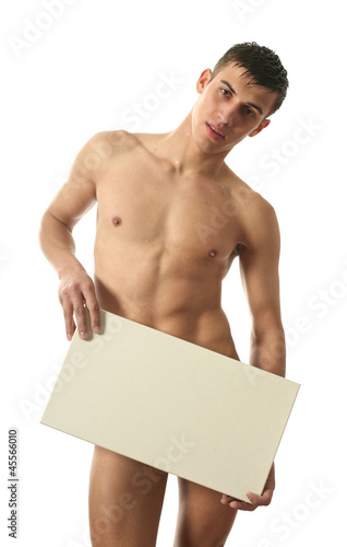 Naked Man Covering with a Blank Sign