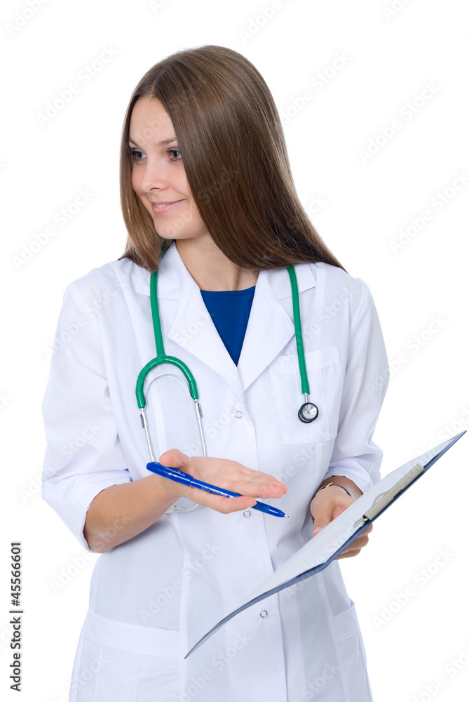 Female doctor pointing to a good analysis Female doctor pointing to a good analysis