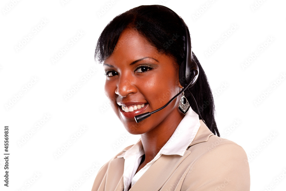 Smiling young female wearing a headset Smiling young female wearing a headset