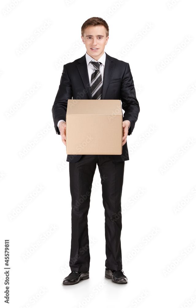 Manager in suit holding parcel box, isolated on white Manager in suit holding parcel box, isolated on white