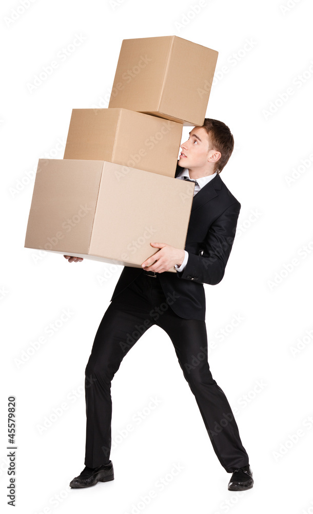 Manager handing pile of cardboard boxes, isolated on white Manager handing pile of cardboard boxes, isolated on white