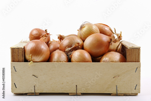 Little wooden crate of onions on white background