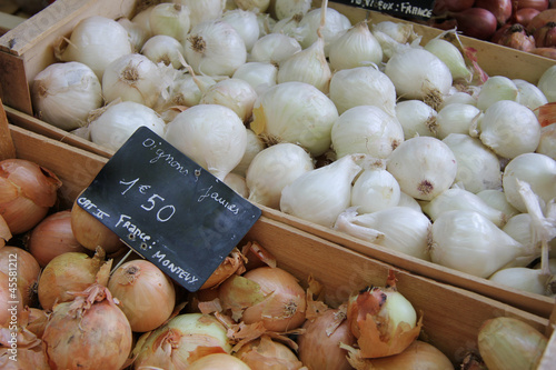 Onions in wooden crates photo