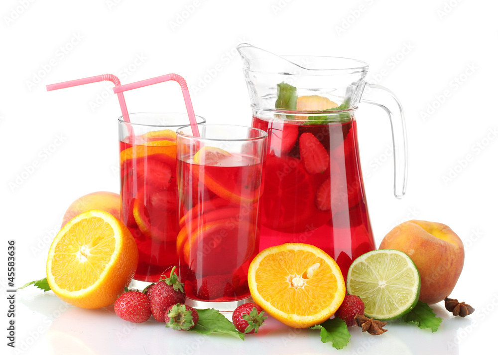 sangria in jar and glasses with fruits, isolated on white sangria in jar and glasses with fruits, isolated on white