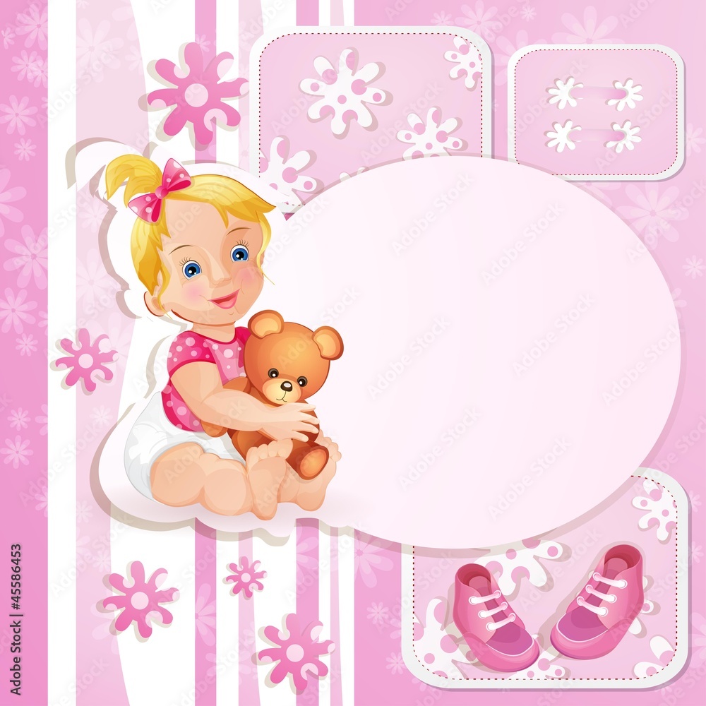 Pink baby shower card with  cute little girl
