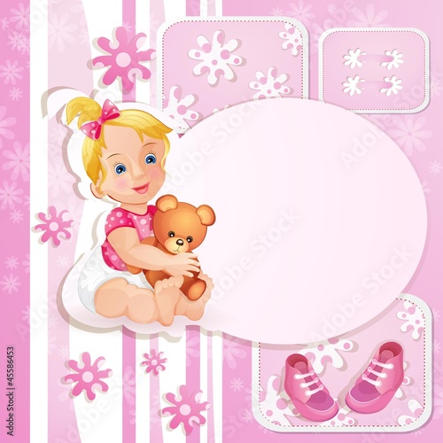 Pink baby shower card with cute little girl