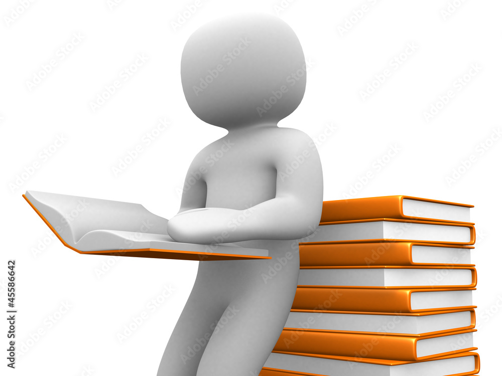 3d white people reads a book, leaning back against a pile of boo 3d white people reads a book, leaning back against a pile of boo