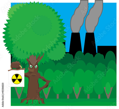 Fairy tree holds radiation hazard sign on the background of fore