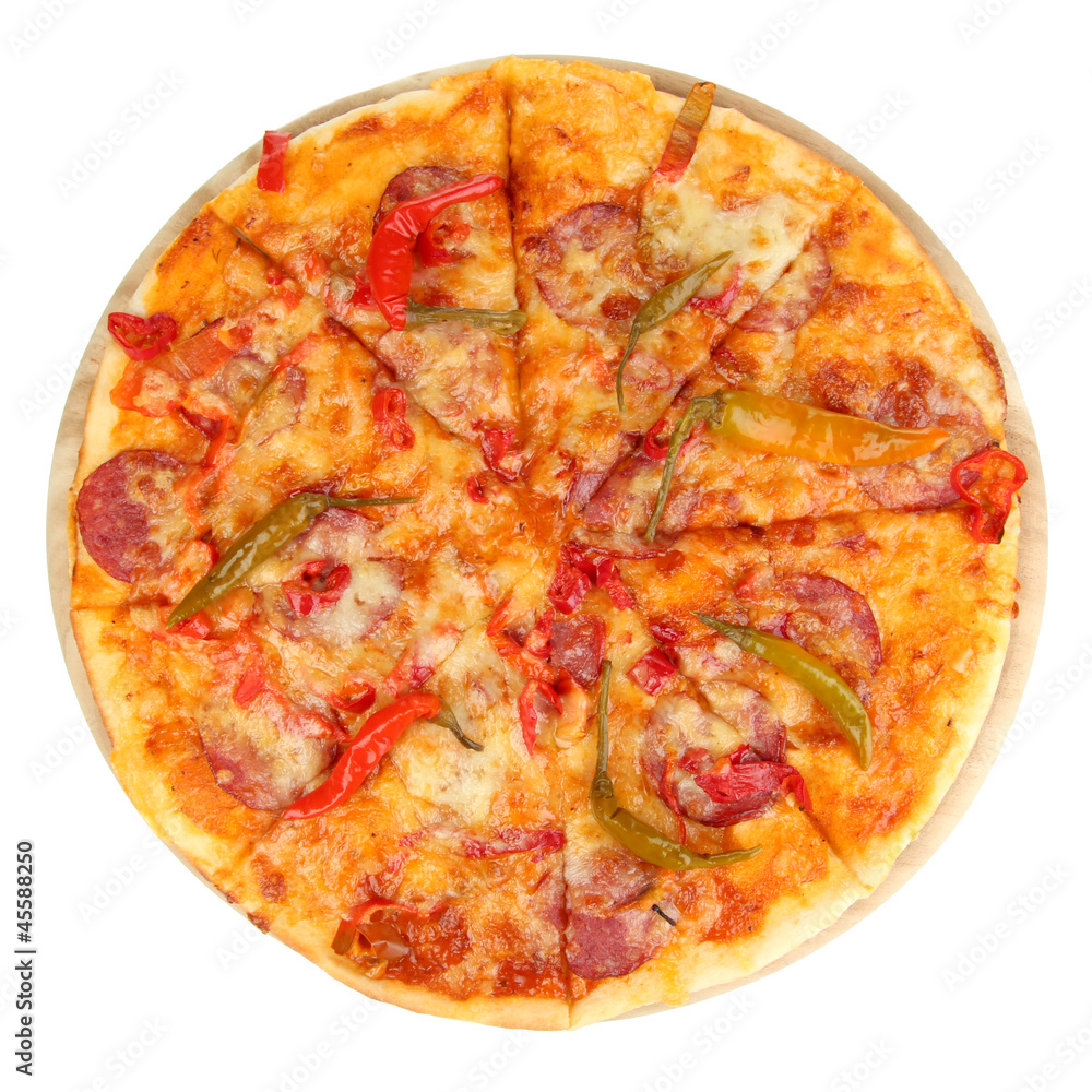 Tasty pepperoni pizza on wooden board isolated on white Tasty pepperoni pizza on wooden board isolated on white