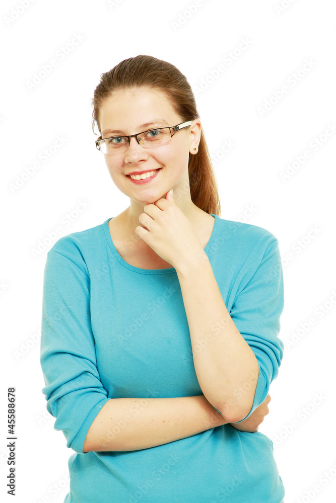 Young student woman isolated on white background.