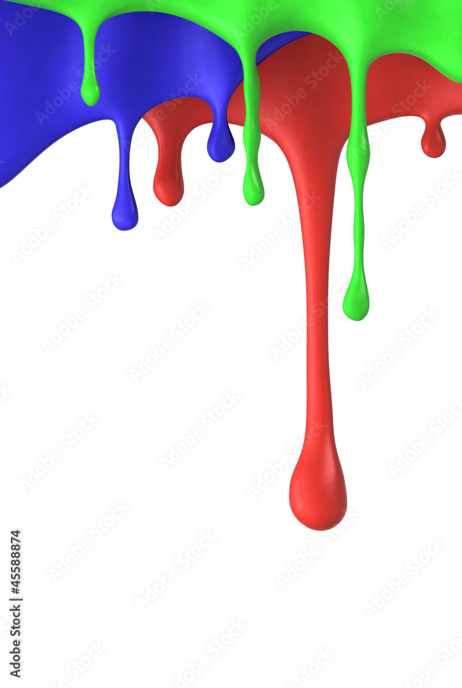Colored paint dripping isolated on white background.