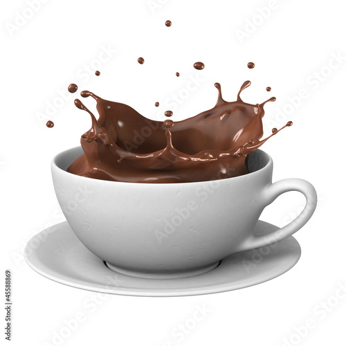 Hot chocolate splash in white cup, isolated on white background.