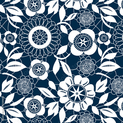 White lace crochet flowers seamless pattern, vector
