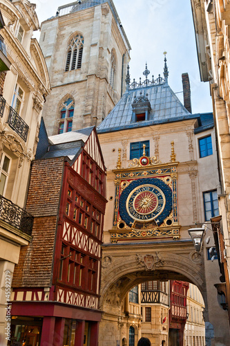 Konstfotografi Half-Timbered Houses and Great Clock at Rouen, Normandy, France