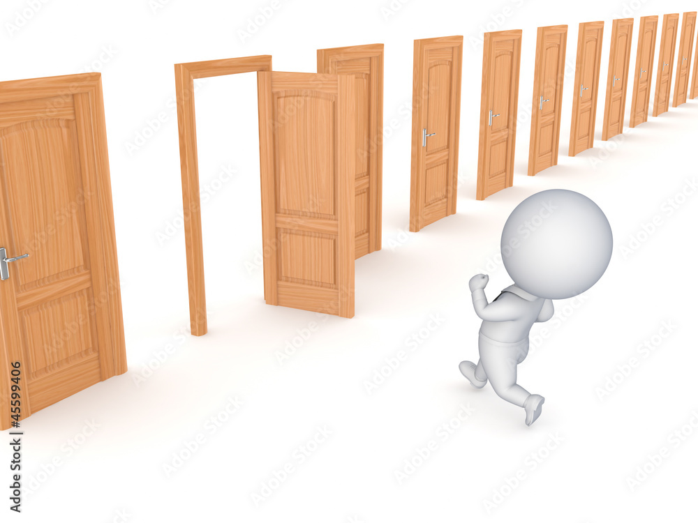 3d small person running through opened door. 3d small person running through opened door.
