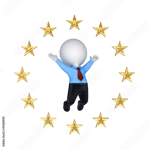 Foto European Union symbol and happy 3d small person.