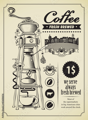 Retro banner with surreal coffee grinder