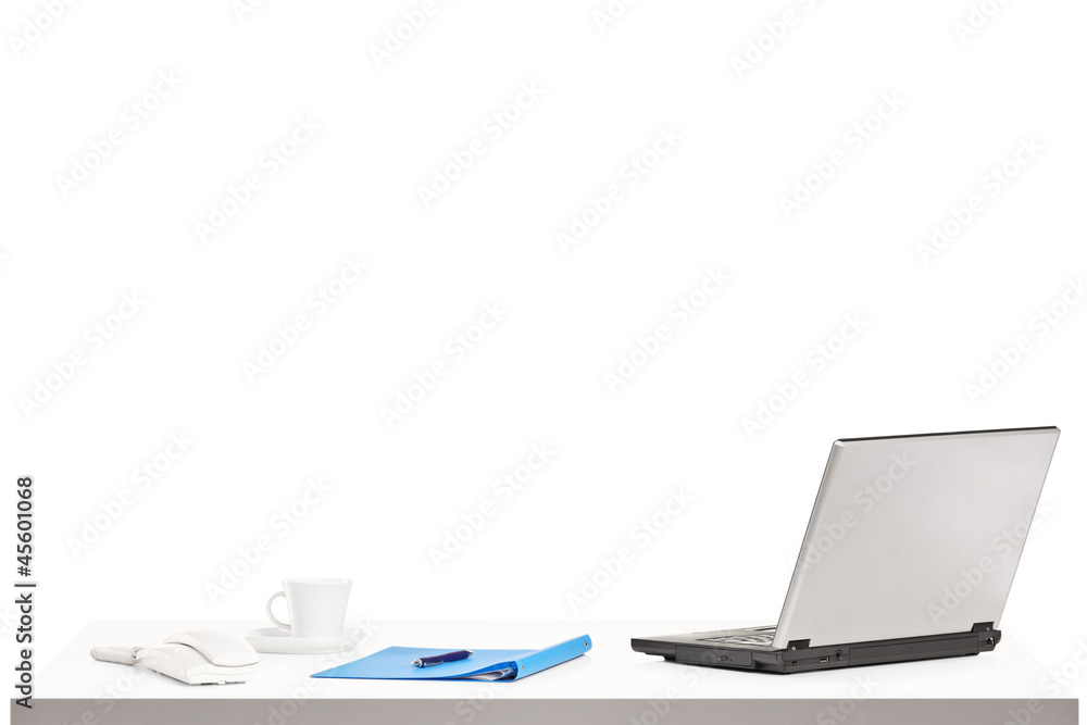 Laptop, cup of coffee and other office objects on a table - obrazy, fototapety, plakaty 