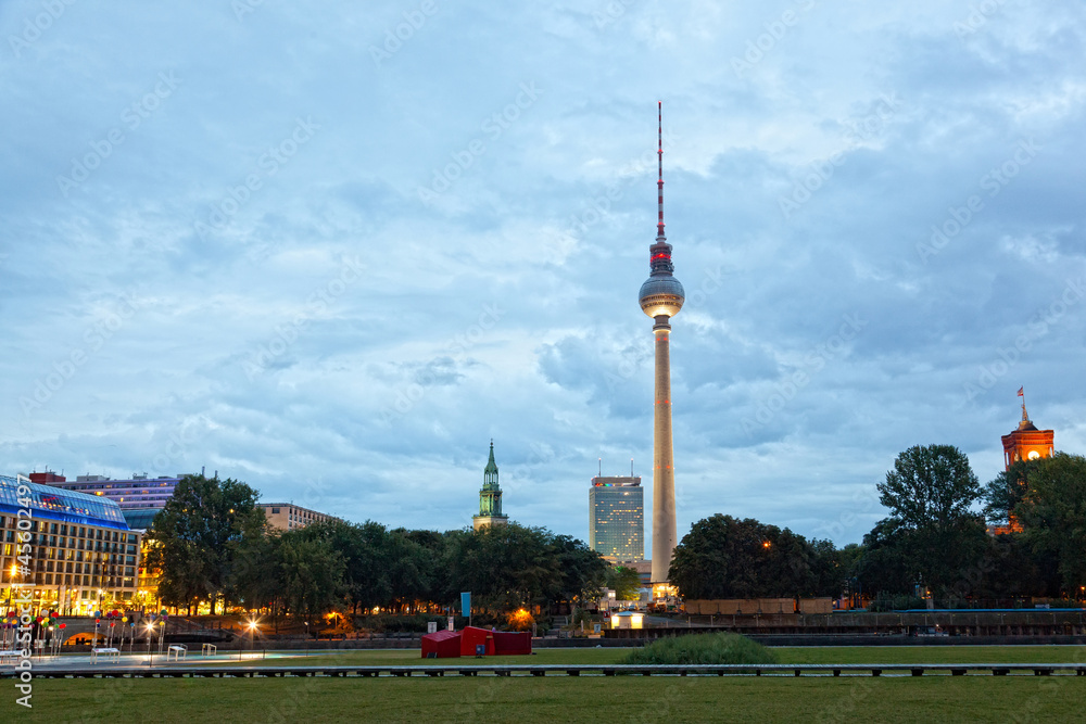 Evening view of a television tower in Berlin, Germany