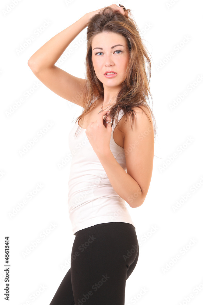girl in a white T-shirt and leggings girl in a white T-shirt and leggings