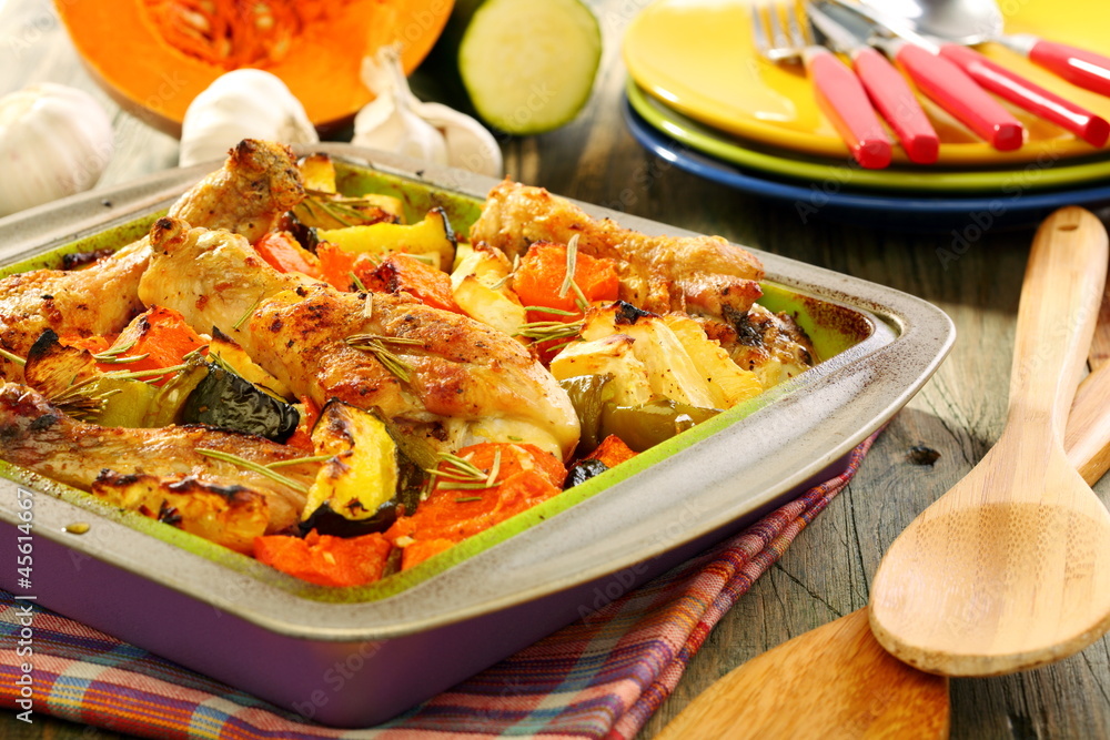 Chicken baked with pumpkin, zucchini, celery and rosemary. Chicken baked with pumpkin, zucchini, celery and rosemary.