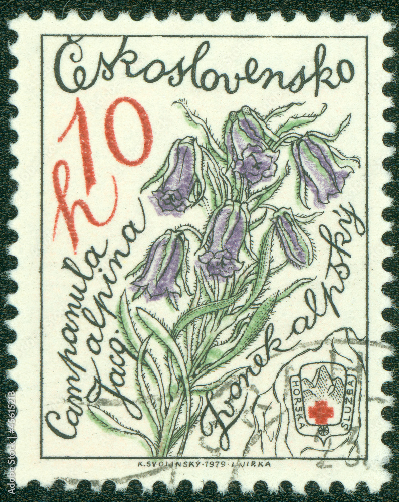 Stamp shows image of a Alpine Bellflowers