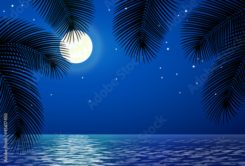 Sea landscape with the moon and palm trees.