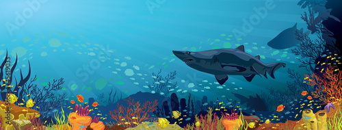 Coral reef with sharks and silhouette of fish