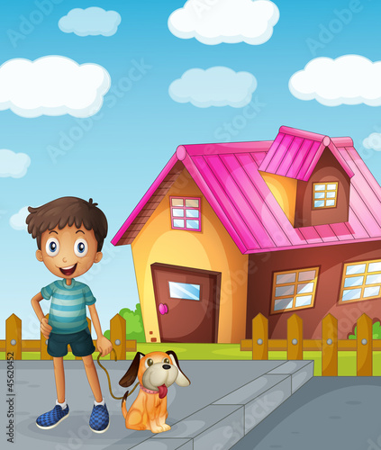 boy, dog and house