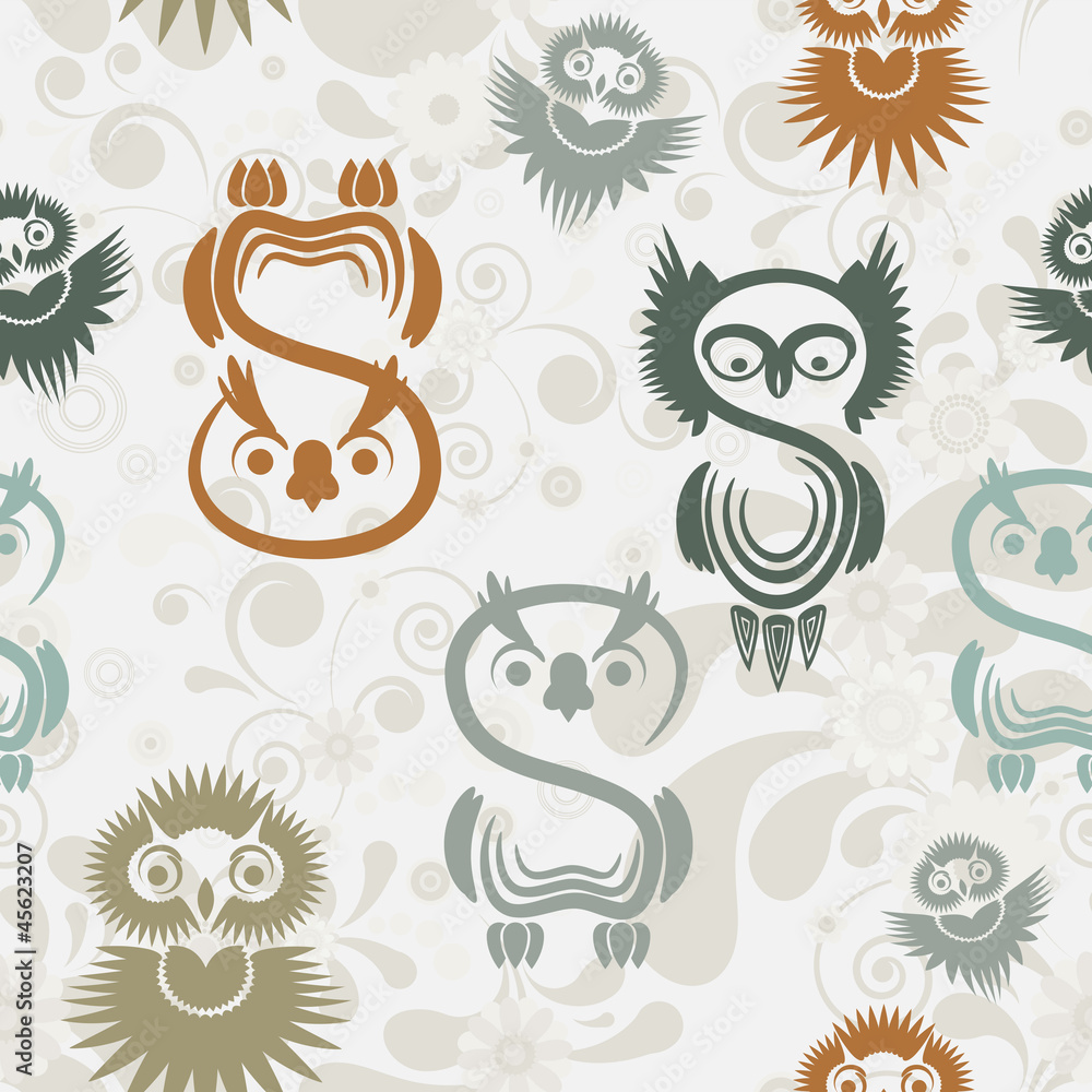 Seamless pattern with various owls on a neutral background. Seamless pattern with various owls on a neutral background.