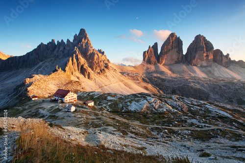 Dolomites mountain panorama in Italy at sunset - Tre Cime