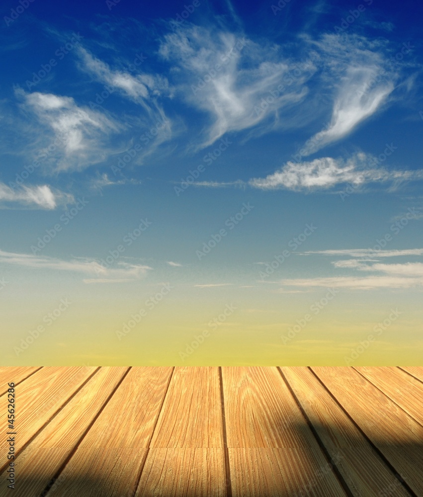 3d sky background and wood floor 3d sky background and wood floor