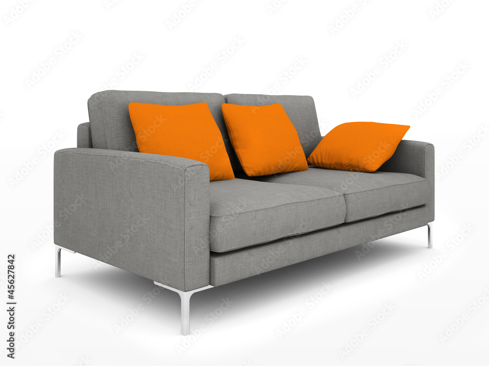 Modern grey sofa with orange pillows isolated on white backgroun Stock  Illustration | Adobe Stock