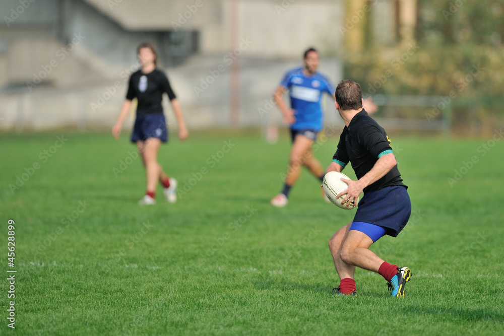 Rugby players in action with negative space for text