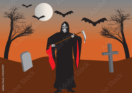 The Grim Reaper in a Graveyard with Bats and Withered Trees